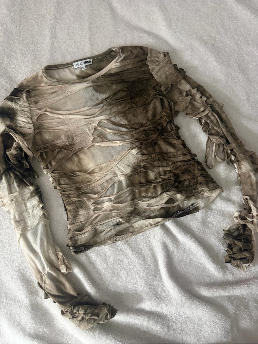 Fashion Nova Sheer Ruched Long Sleeve Top in Olive Green and Cream